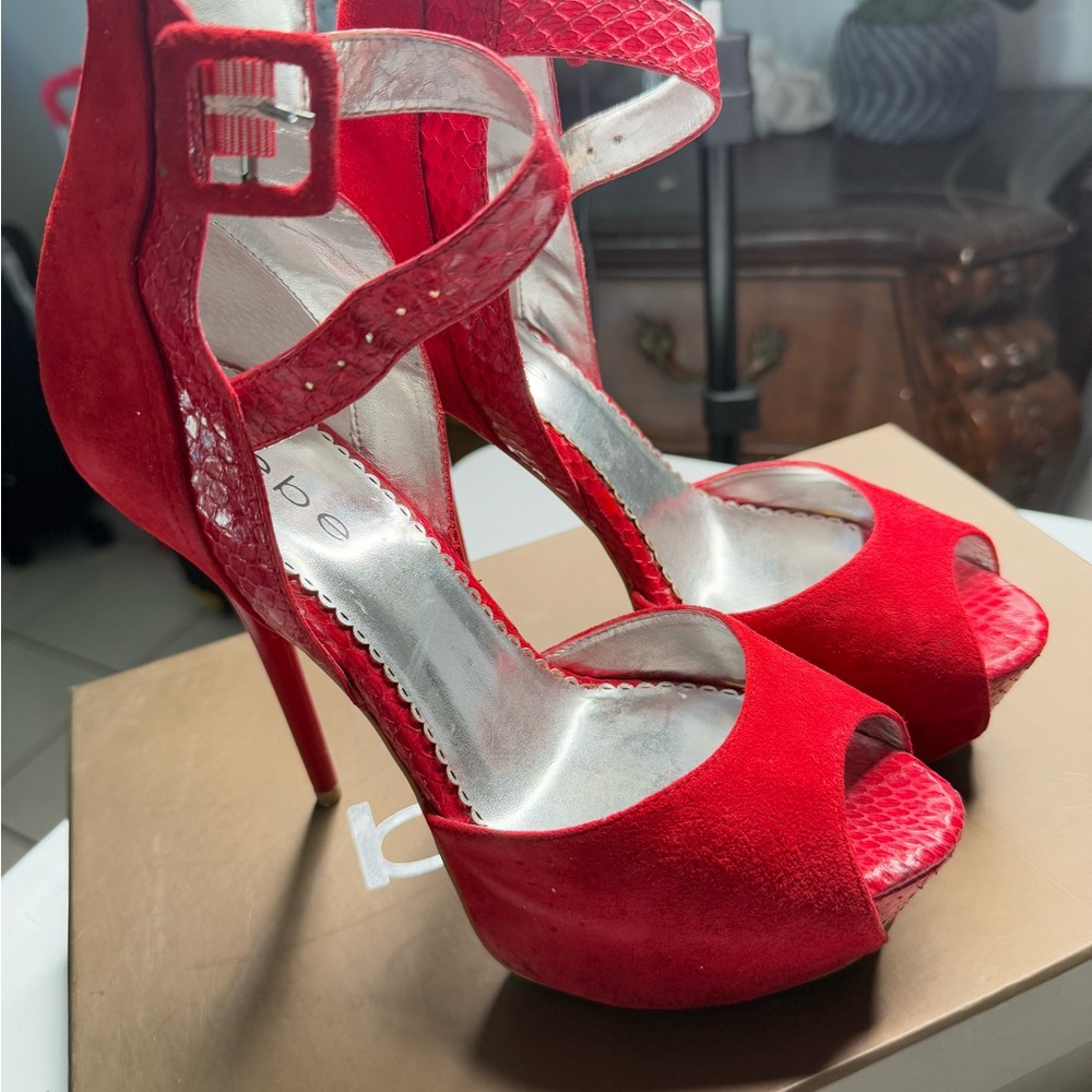 Bebe Red Peep Toe Heels - Picture 2 of 14